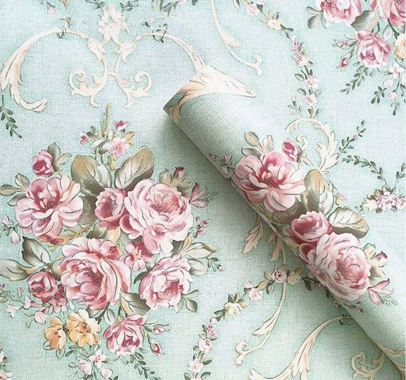 UPREDO Vintage Floral Self Adhesive Wall Paper Shelf Liner Funitures Dresser Drawer Cabinet Decor Paper (Green, 17.7inchX100inch(8.2Ft)) - Image 1